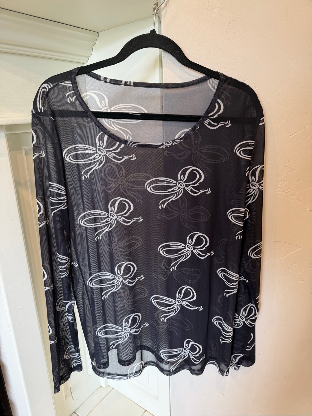 Sheer Black Mesh Long Sleeve Top with White Bow Print